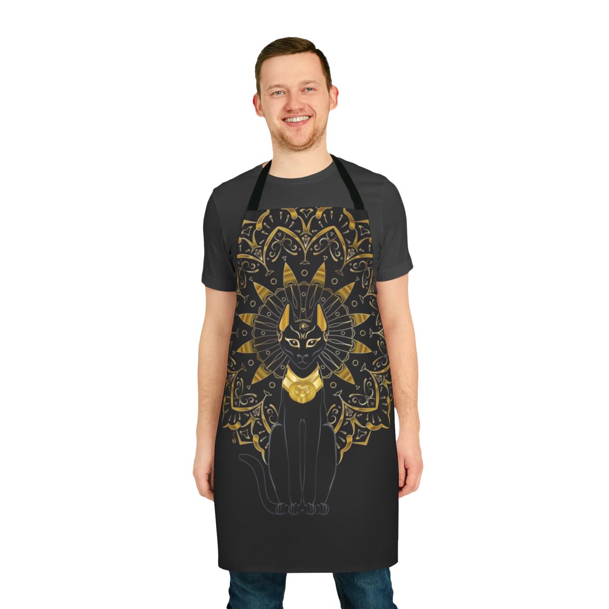 Bastet-Inspired Egyptian Goddess Apron with Feline Deity, Golden Mandala, and Eye of Ra Symbols