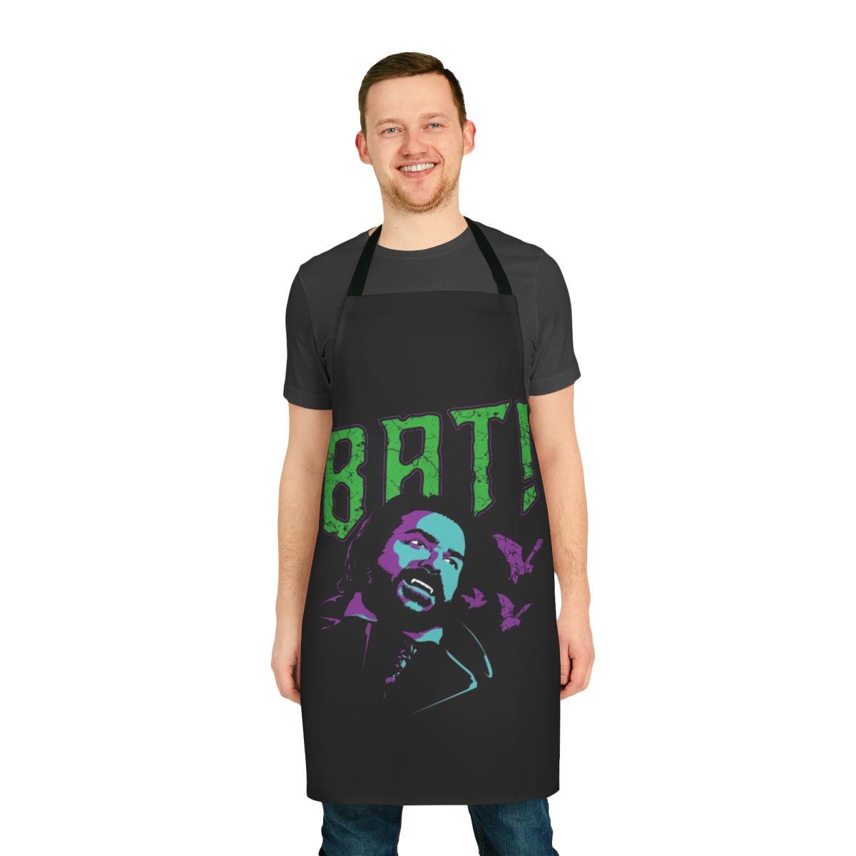 Bat-themed apron with a stylish and spooky design, perfect for fans of the hit TV show "What We Do in the Shadows"