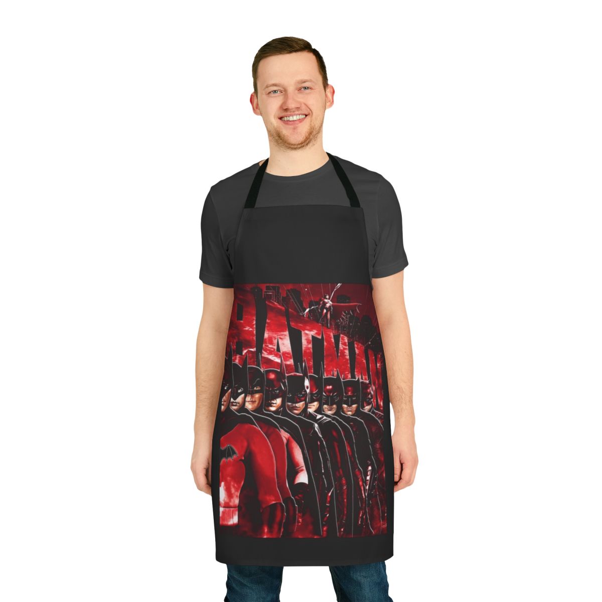 Bat-themed superhero apron with crime fighting history design