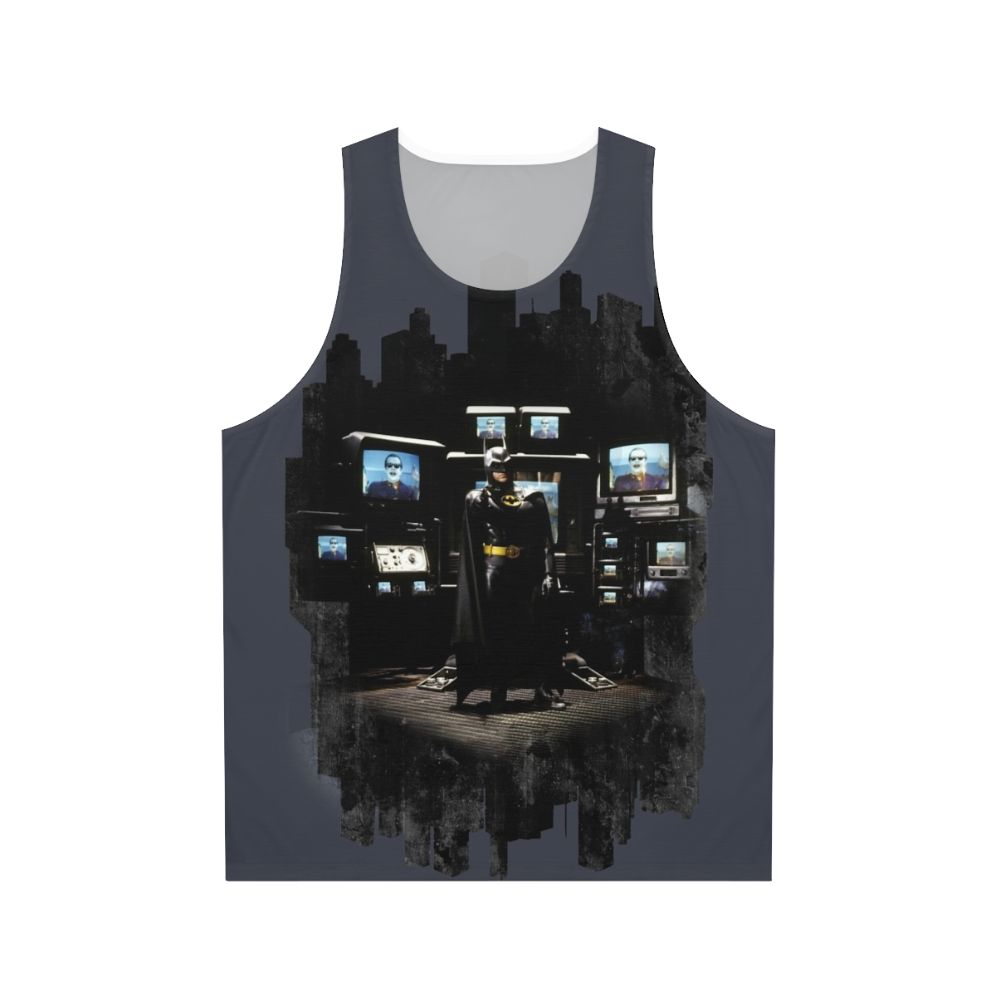 Bat superhero unisex tank top featuring a city skyline at night