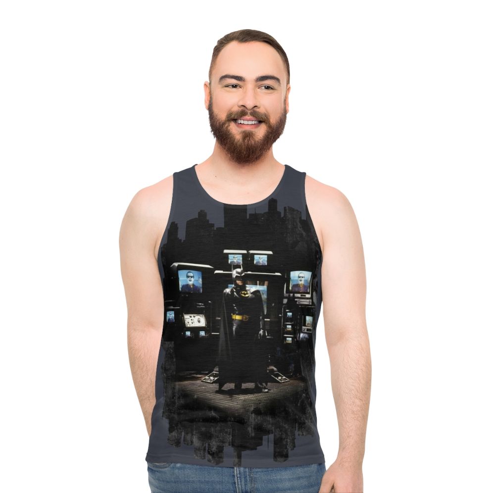 Bat superhero unisex tank top featuring a city skyline at night