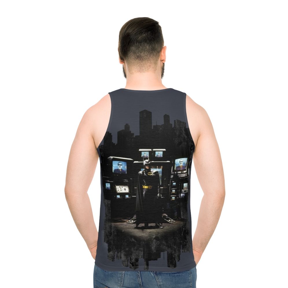 Bat superhero unisex tank top featuring a city skyline at night