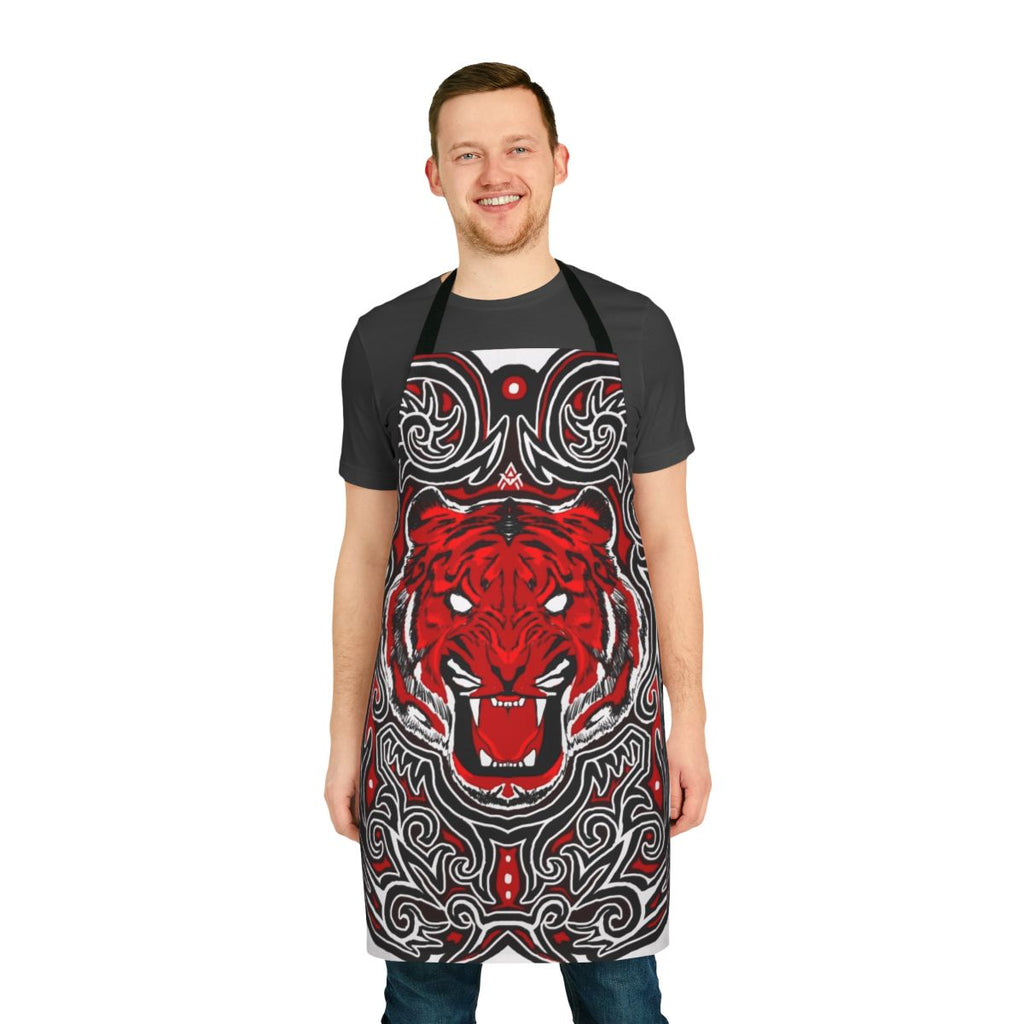 Red and black apron with a fierce tiger design, inspired by traditional Batak patterns from Indonesia.