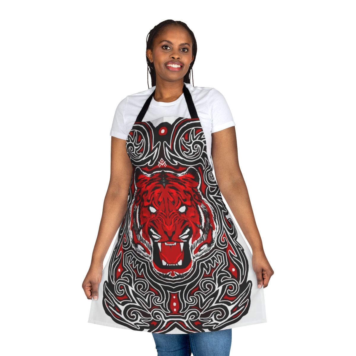Red and black apron with a fierce tiger design, inspired by traditional Batak patterns from Indonesia.