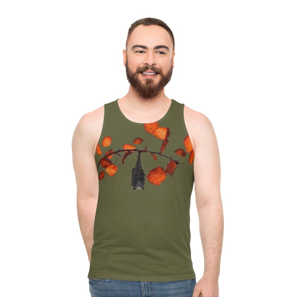 Moss green unisex tank top with cute bats hanging on leaves