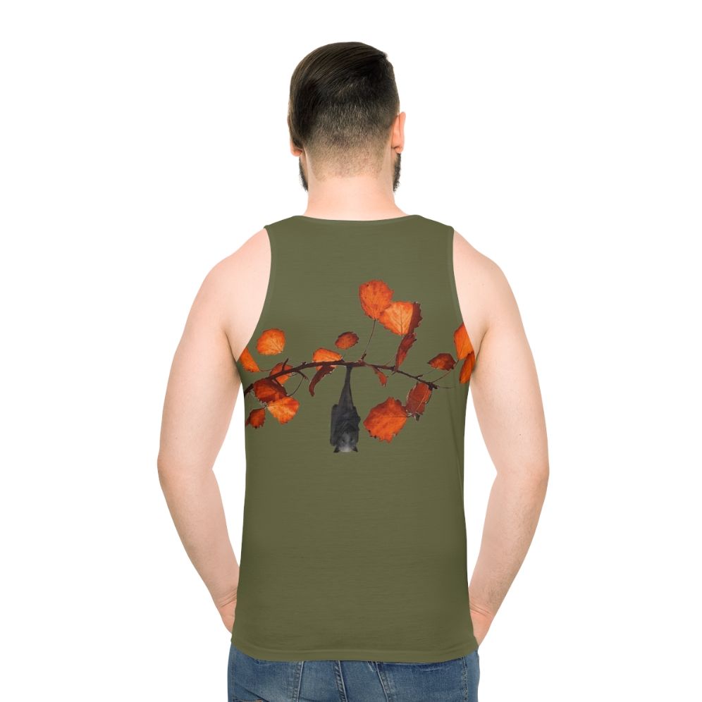 Moss green unisex tank top with cute bats hanging on leaves