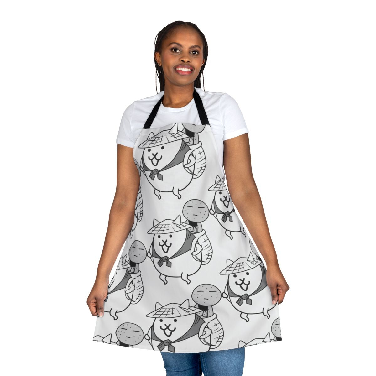 Stylish apron featuring the ultra-rare Jizo cat from the popular mobile game Battle Cats