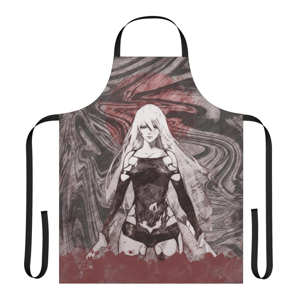 A stylish, battle-inspired apron featuring a dark, futuristic design with elements from the Nier Automata and Drakengard game series.