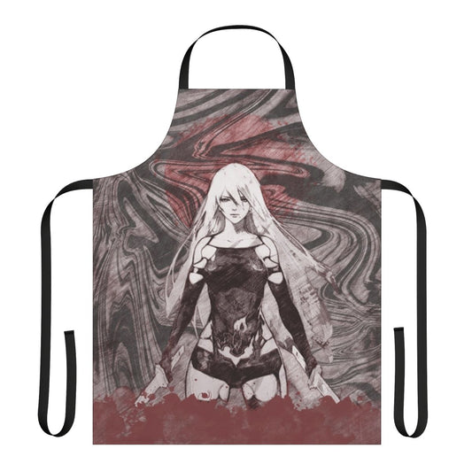 A stylish, battle-inspired apron featuring a dark, futuristic design with elements from the Nier Automata and Drakengard game series.
