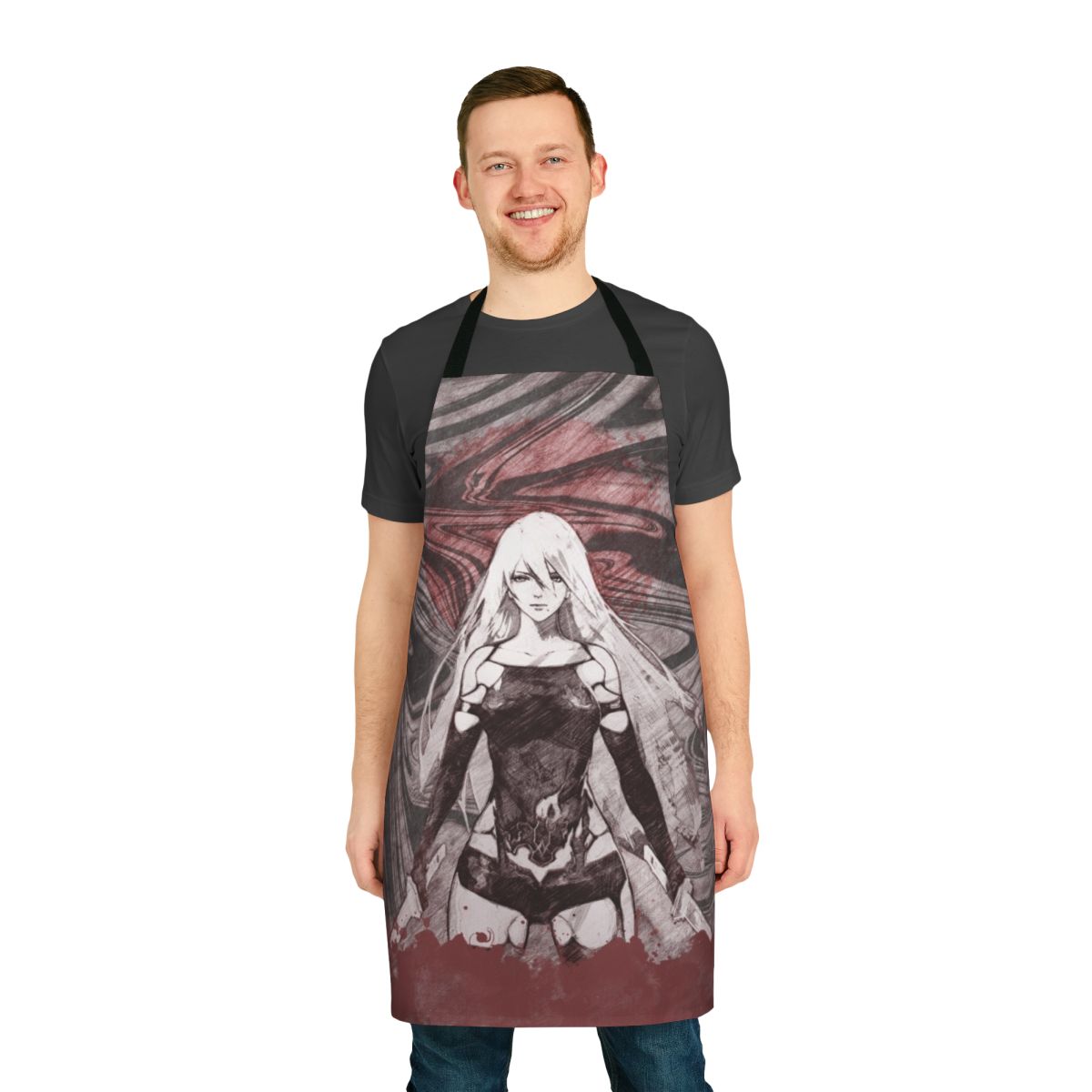 A stylish, battle-inspired apron featuring a dark, futuristic design with elements from the Nier Automata and Drakengard game series.
