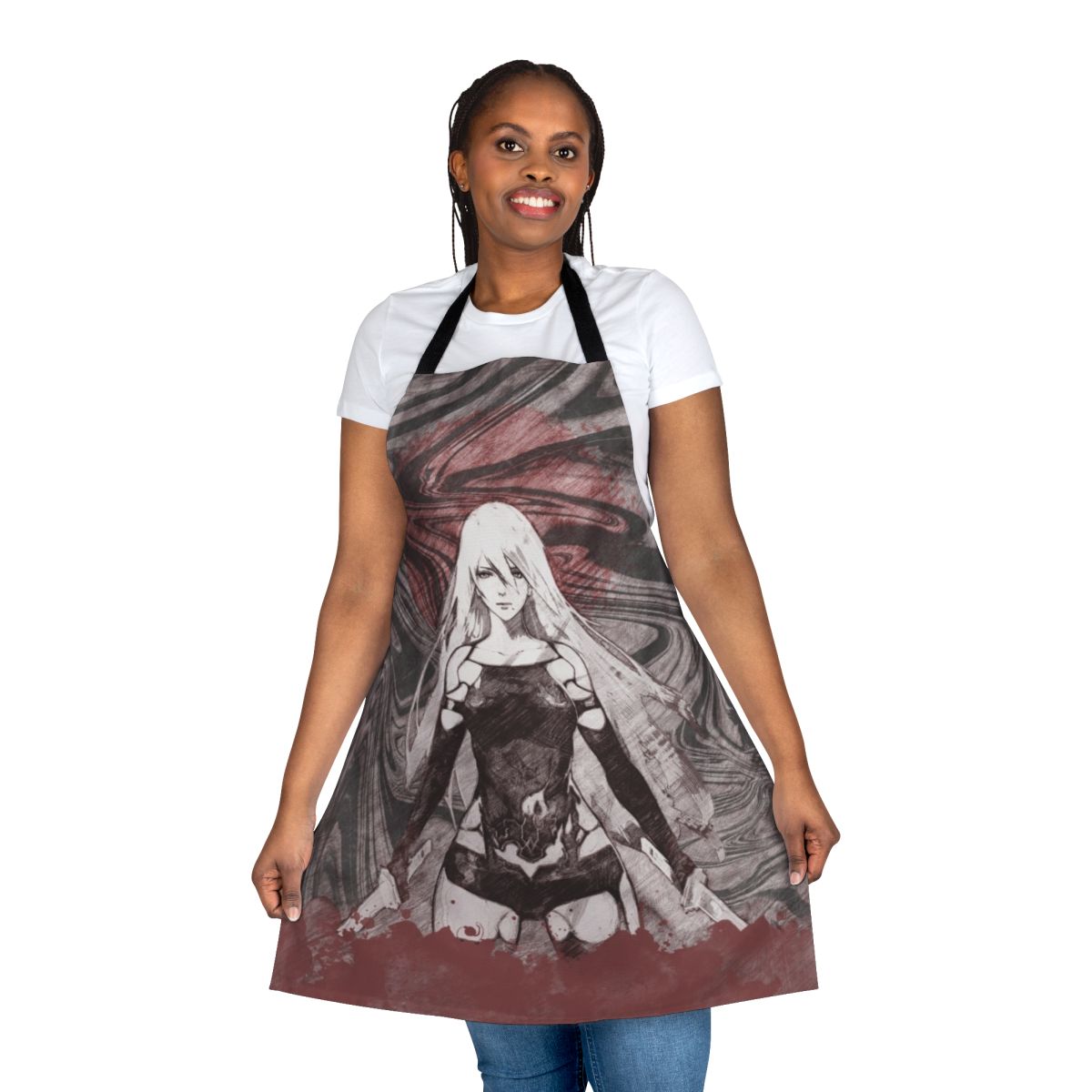 A stylish, battle-inspired apron featuring a dark, futuristic design with elements from the Nier Automata and Drakengard game series.