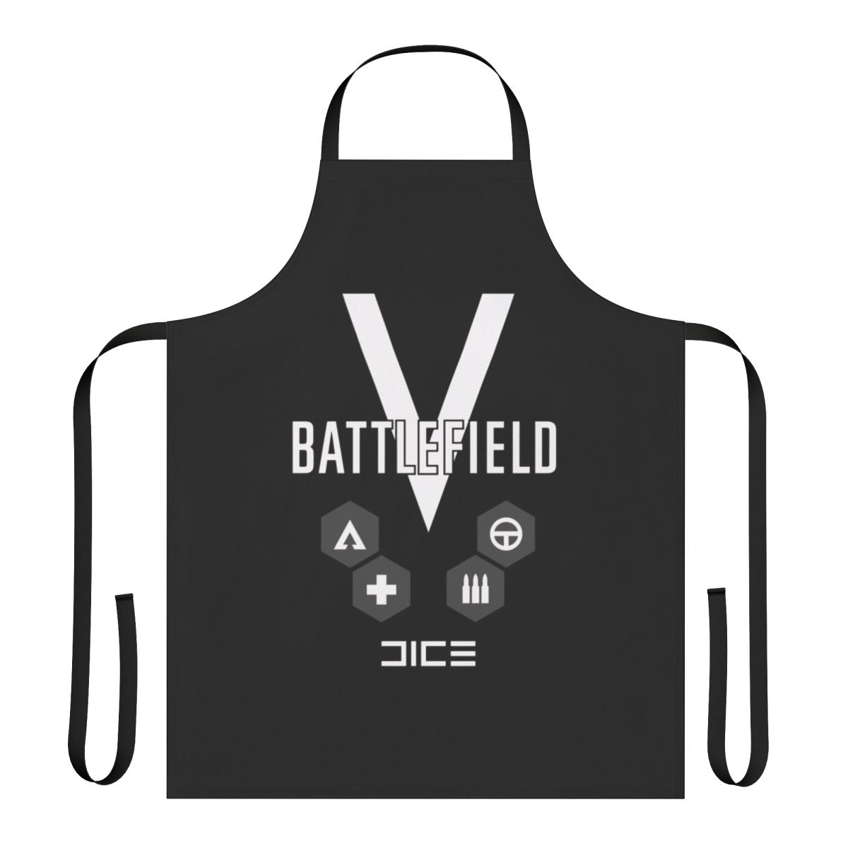 Battlefield inspired apron for gamers, featuring digital camo and war-themed design
