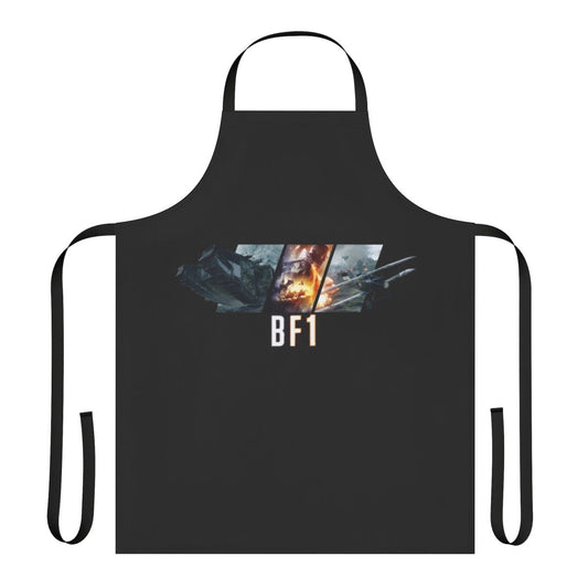 A black apron featuring a battlefield-inspired design, perfect for gaming enthusiasts.