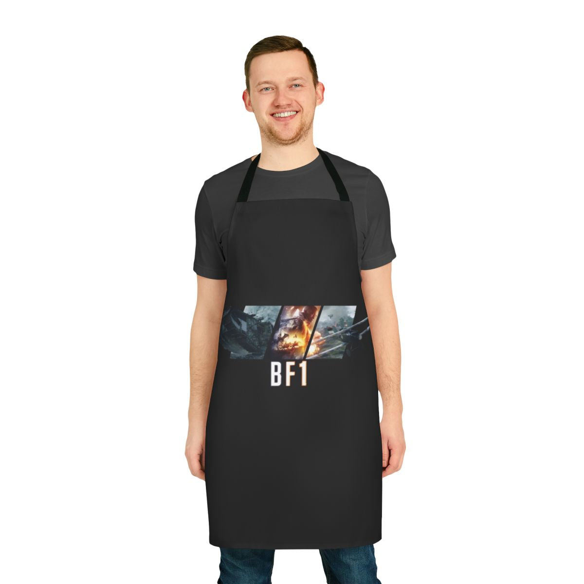 A black apron featuring a battlefield-inspired design, perfect for gaming enthusiasts.