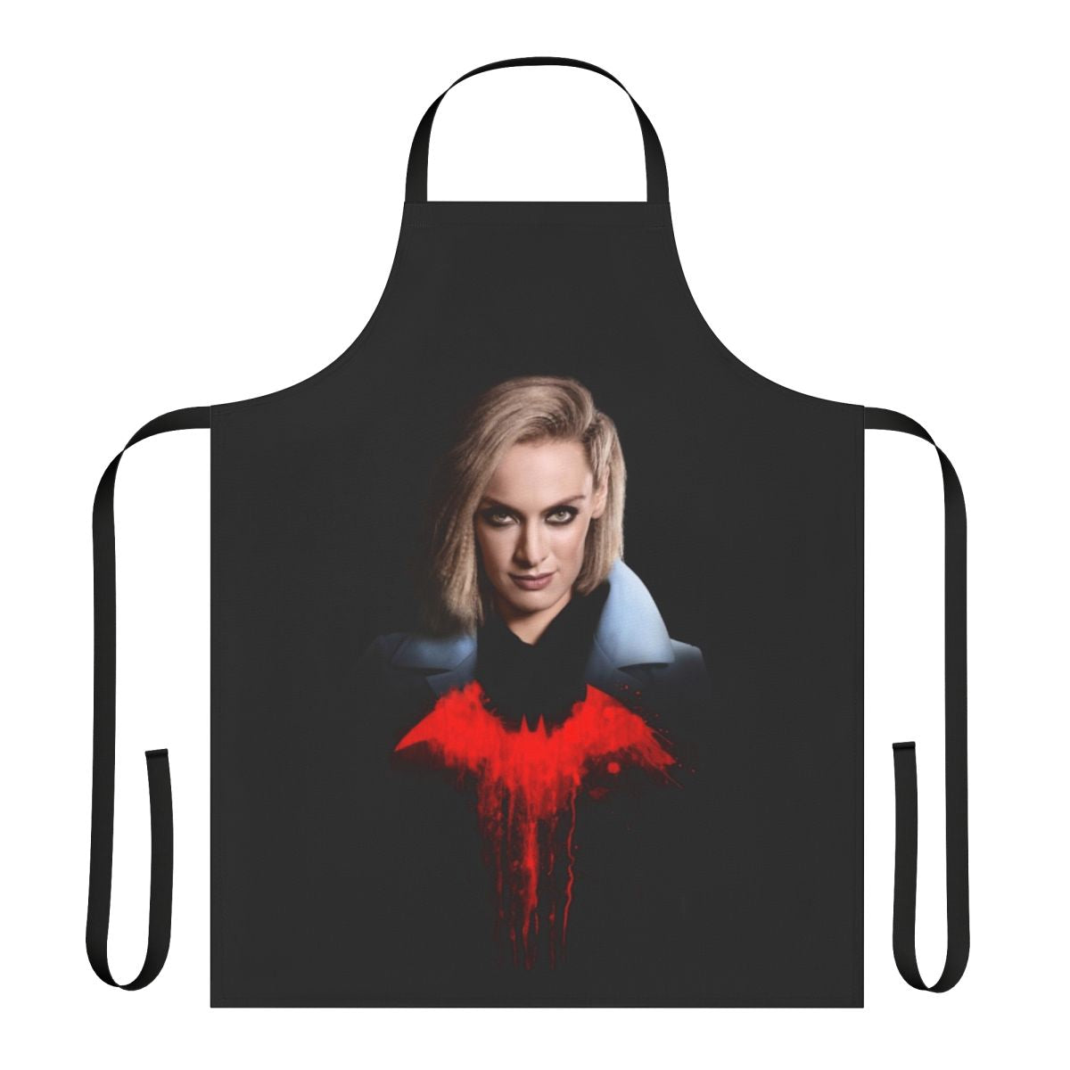 Batwoman-themed apron with Alice in Wonderland design elements