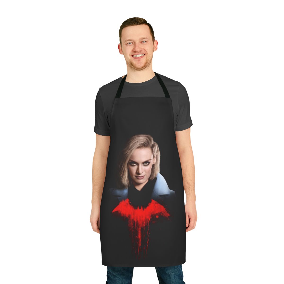 Batwoman-themed apron with Alice in Wonderland design elements
