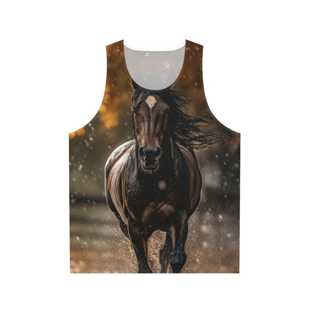 A stylish unisex tank top featuring a bay horse trotting in the autumn rain