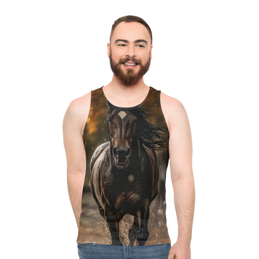 A stylish unisex tank top featuring a bay horse trotting in the autumn rain