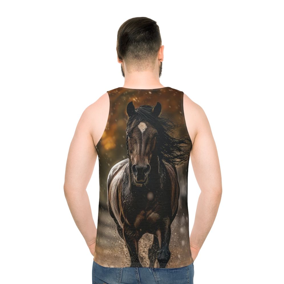 A stylish unisex tank top featuring a bay horse trotting in the autumn rain