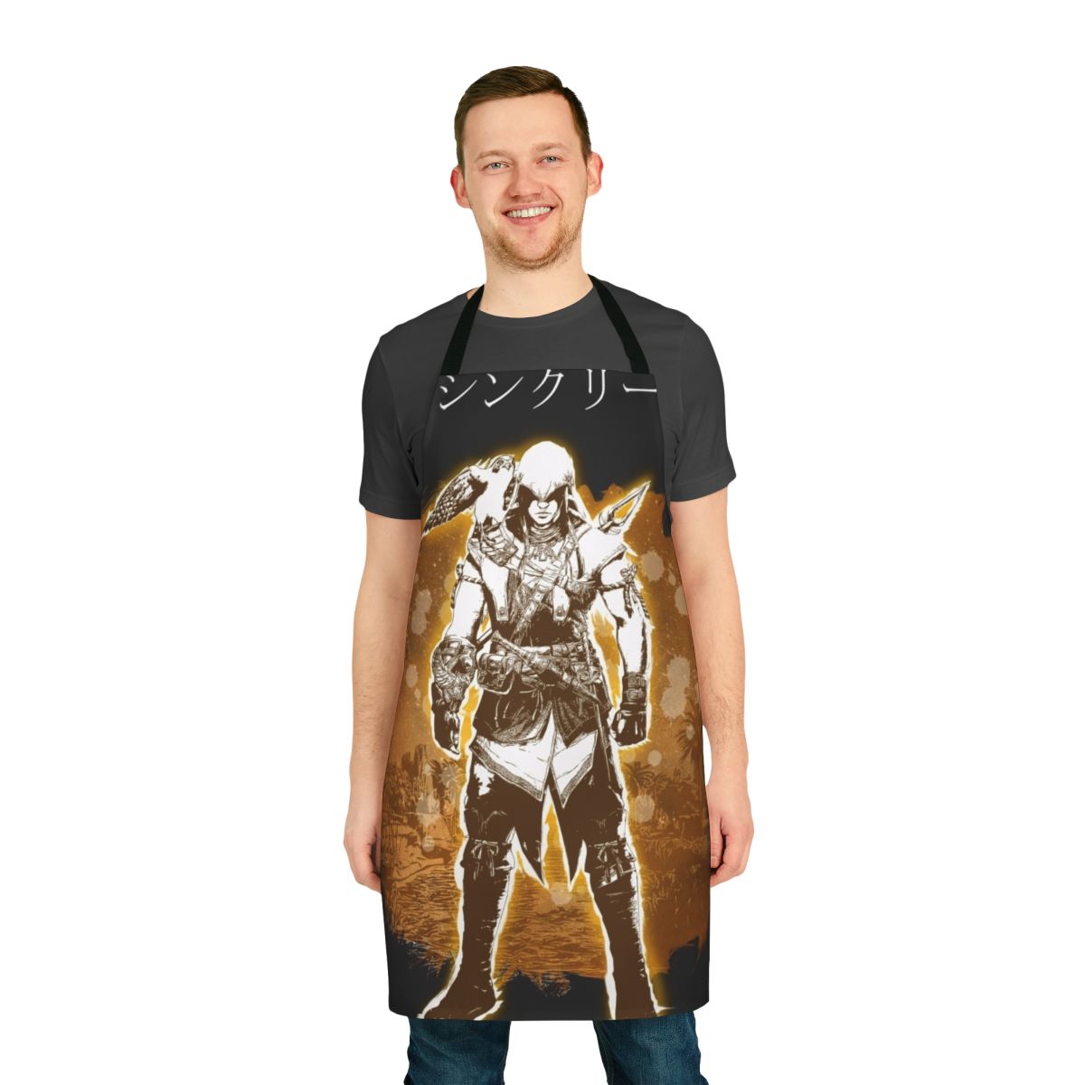 A stylish and durable apron featuring the iconic Bayek character from the Assassin's Creed Origins video game.