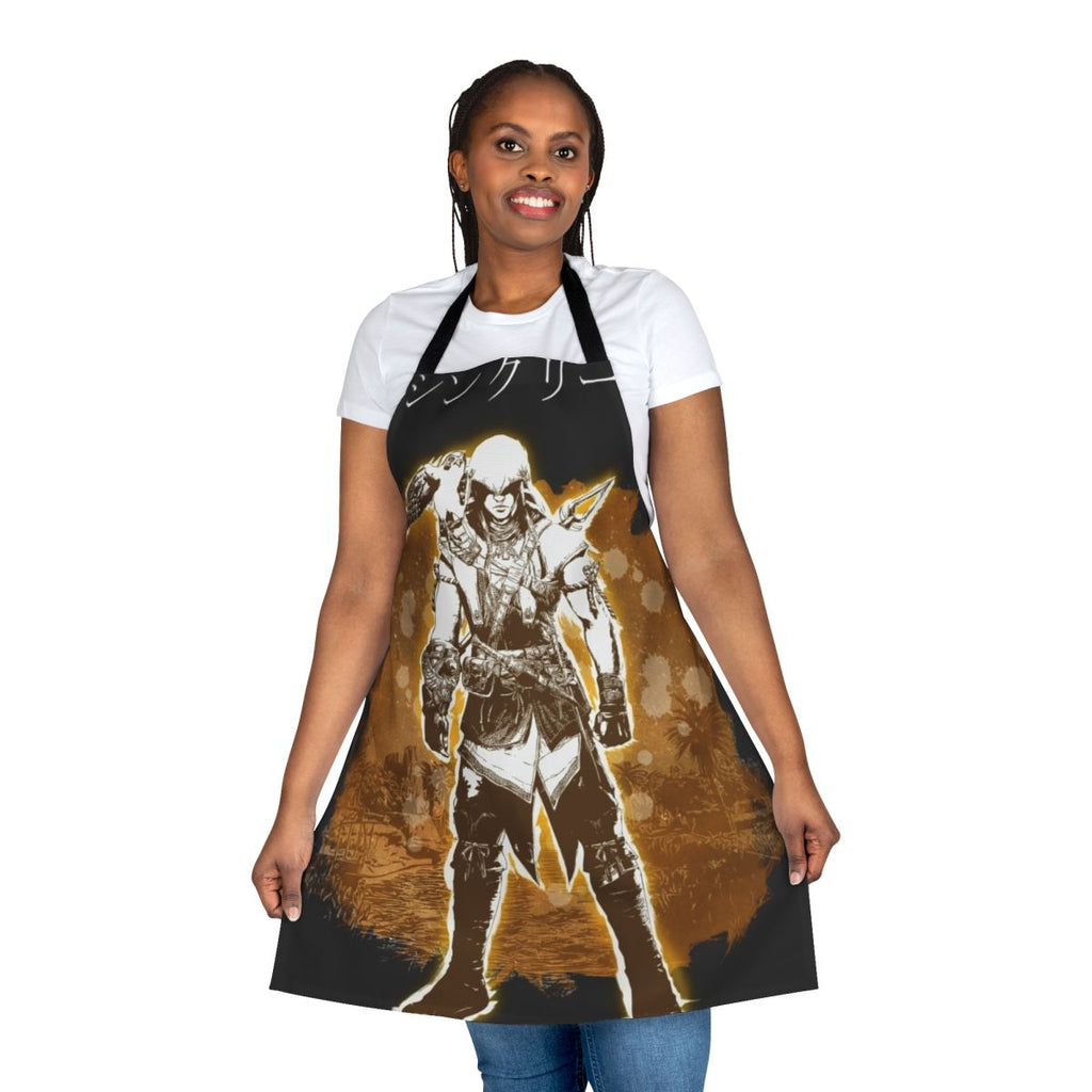A stylish and durable apron featuring the iconic Bayek character from the Assassin's Creed Origins video game.
