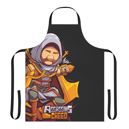 Illustration of Bayek, the protagonist from Assassins Creed Origins, featured on a high-quality kitchen apron for gaming and cooking enthusiasts.