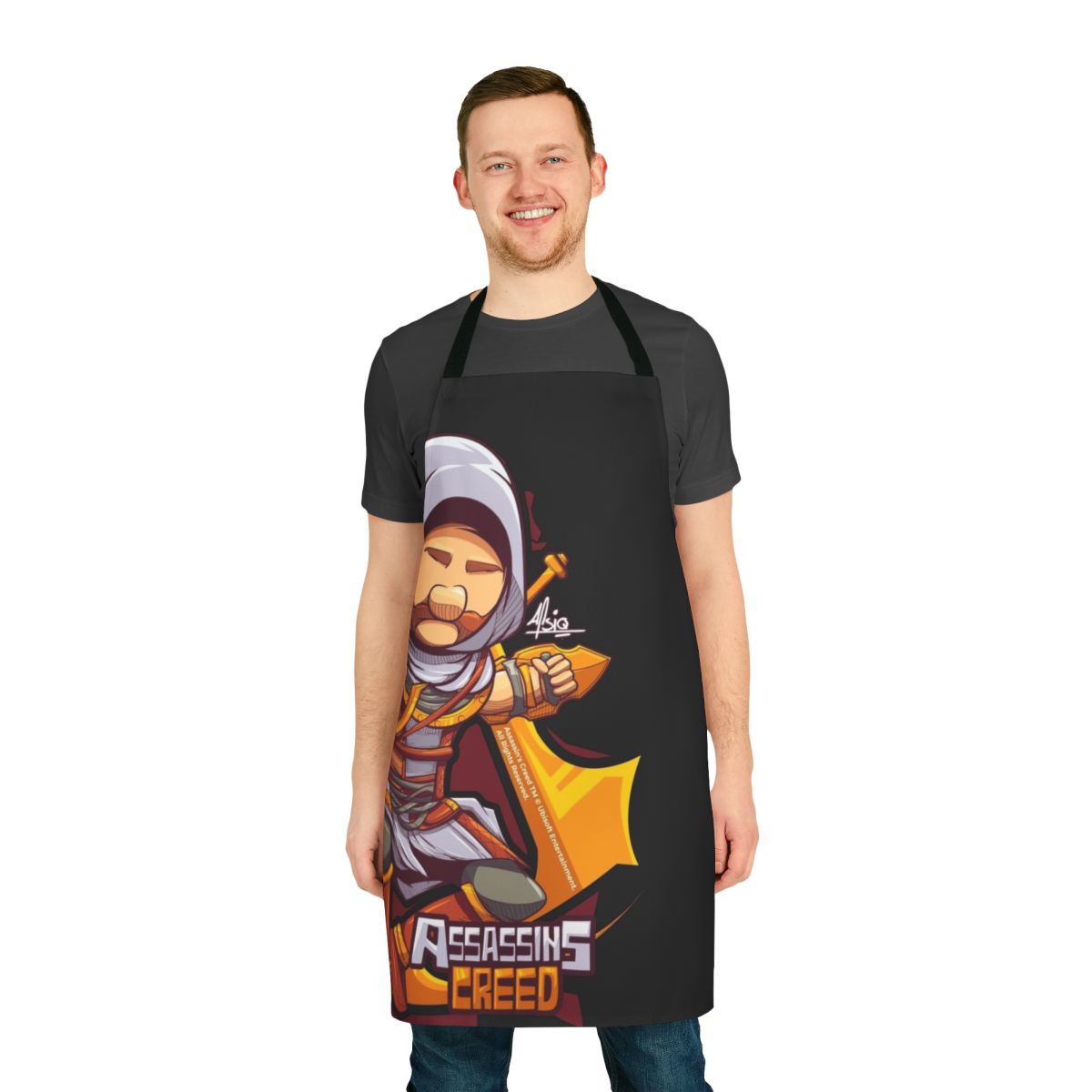 Illustration of Bayek, the protagonist from Assassins Creed Origins, featured on a high-quality kitchen apron for gaming and cooking enthusiasts.
