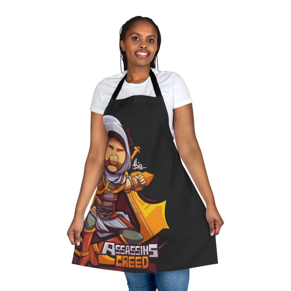 Illustration of Bayek, the protagonist from Assassins Creed Origins, featured on a high-quality kitchen apron for gaming and cooking enthusiasts.