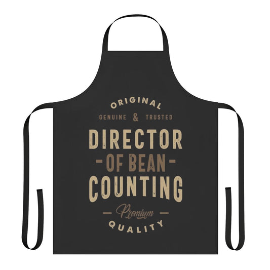 Durable apron with "Director Of Bean Counting" typographic design, suitable for accountants, finance professionals, and those in bean counting roles.