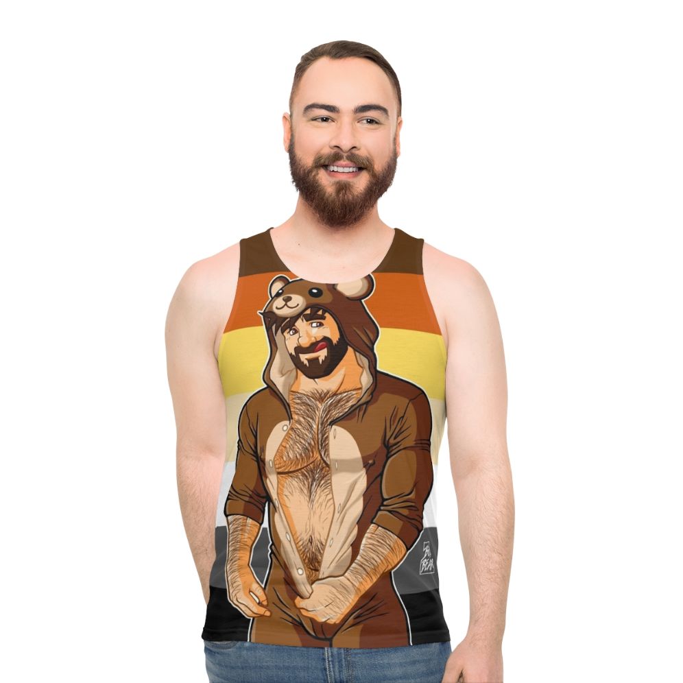 Bearded bear wearing a gay pride tank top