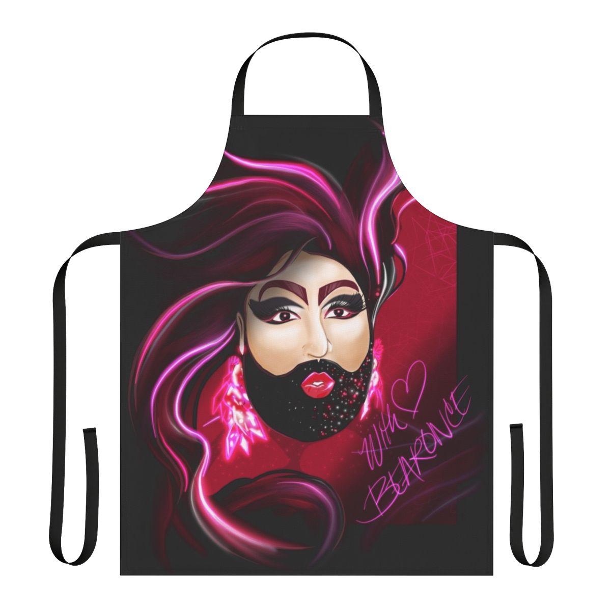 Bearded lady drag queen wearing a custom designed apron with LGBTQ+ fan art