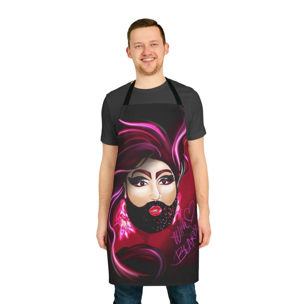 Bearded lady drag queen wearing a custom designed apron with LGBTQ+ fan art