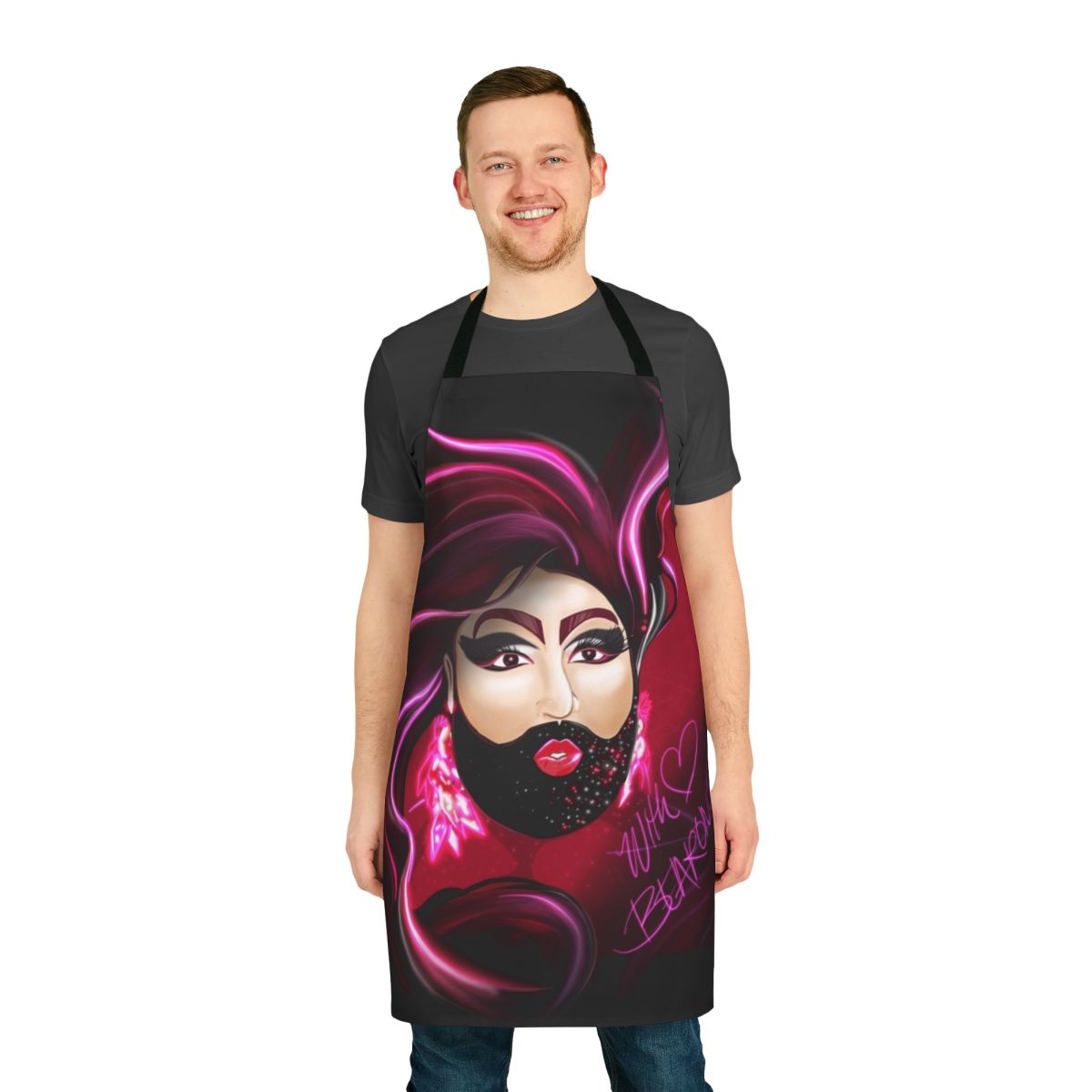 Bearded lady drag queen wearing a custom designed apron with LGBTQ+ fan art
