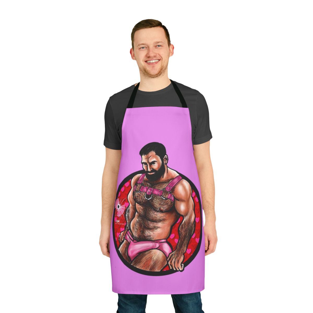 Bearded muscle bear in an erotic Valentine's Day apron