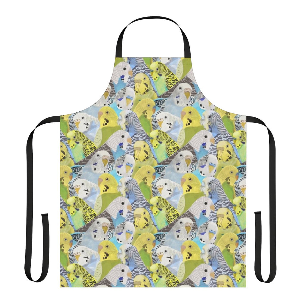 Colorful apron featuring a pattern of playful budgies and parakeets