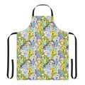 Colorful apron featuring a pattern of playful budgies and parakeets