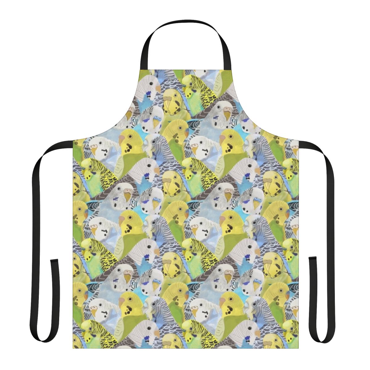 Colorful apron featuring a pattern of playful budgies and parakeets