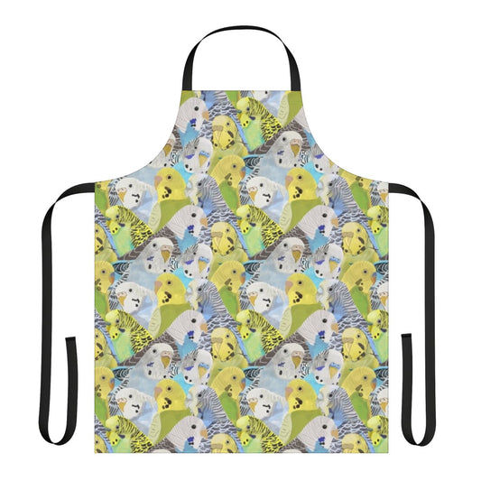 Colorful apron featuring a pattern of playful budgies and parakeets