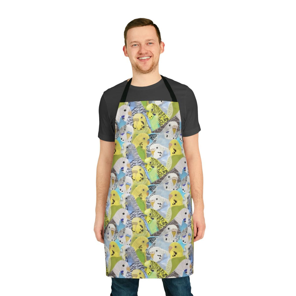 Colorful apron featuring a pattern of playful budgies and parakeets