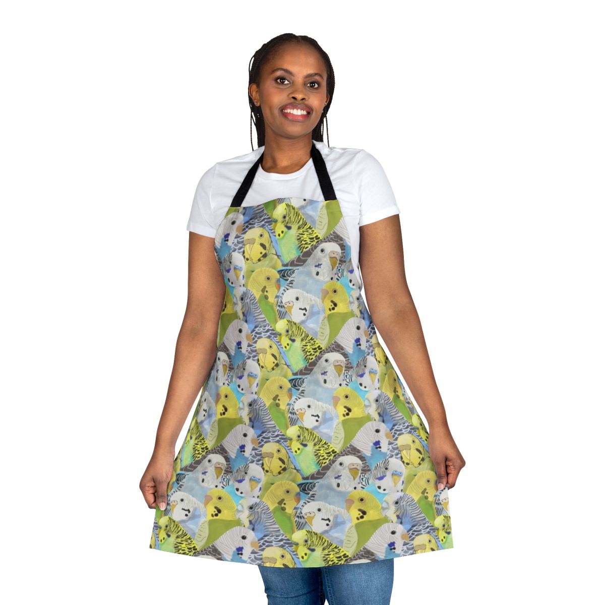 Colorful apron featuring a pattern of playful budgies and parakeets