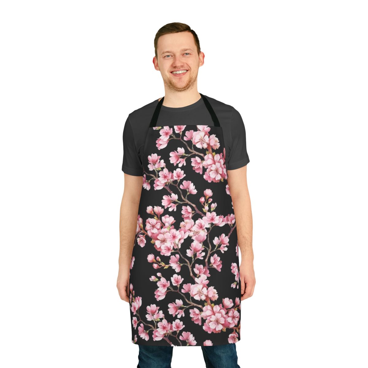 Vibrant cherry blossom floral pattern printed on a high-quality apron
