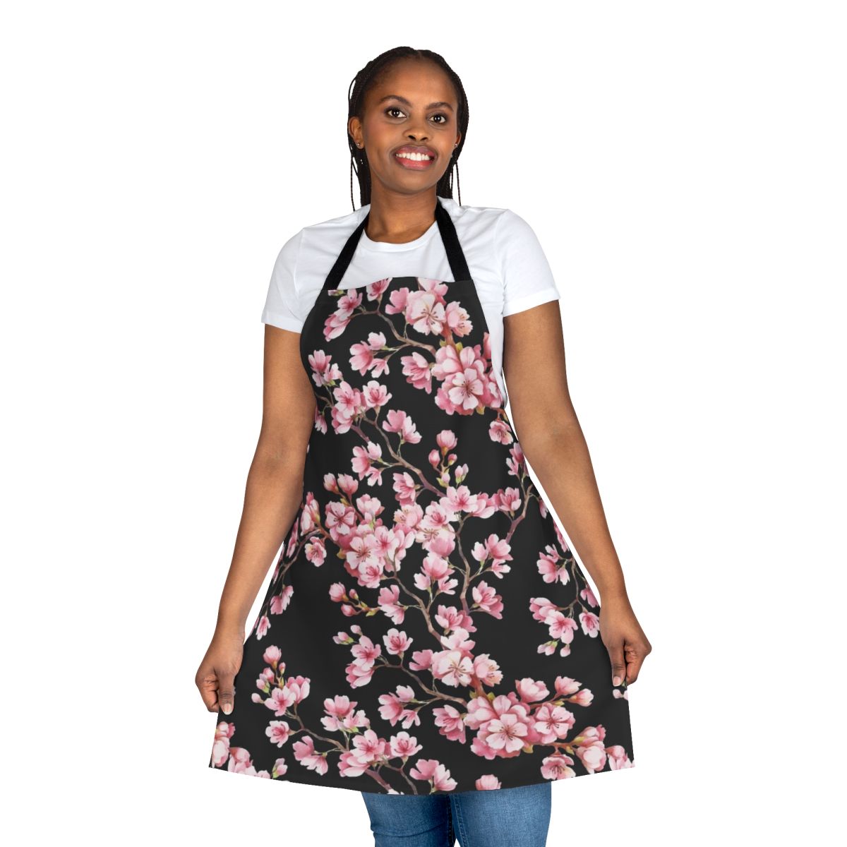 Vibrant cherry blossom floral pattern printed on a high-quality apron