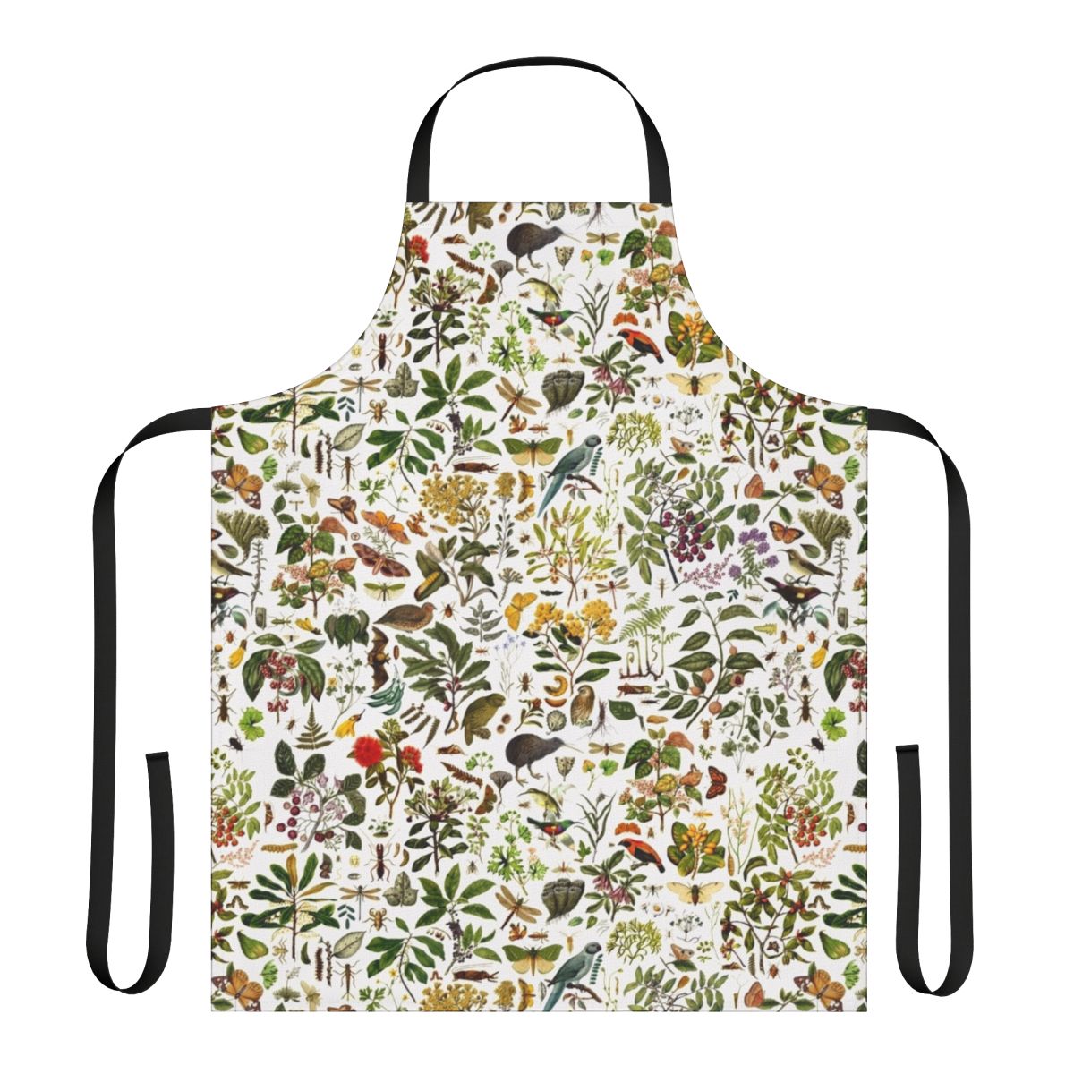 A colorful apron featuring a detailed, seamless pattern of native New Zealand flora and fauna, including butterflies, birds, and botanical elements.