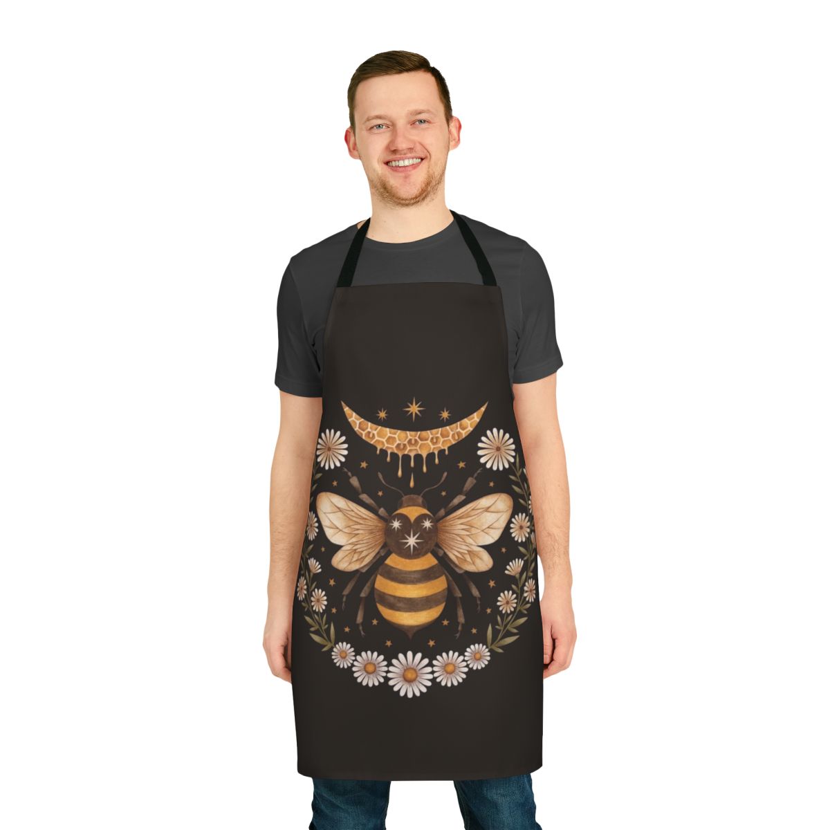 Honey Moon Apron featuring a crescent moon, honeycomb design, and floral details for a beekeeper or nature-inspired look.
