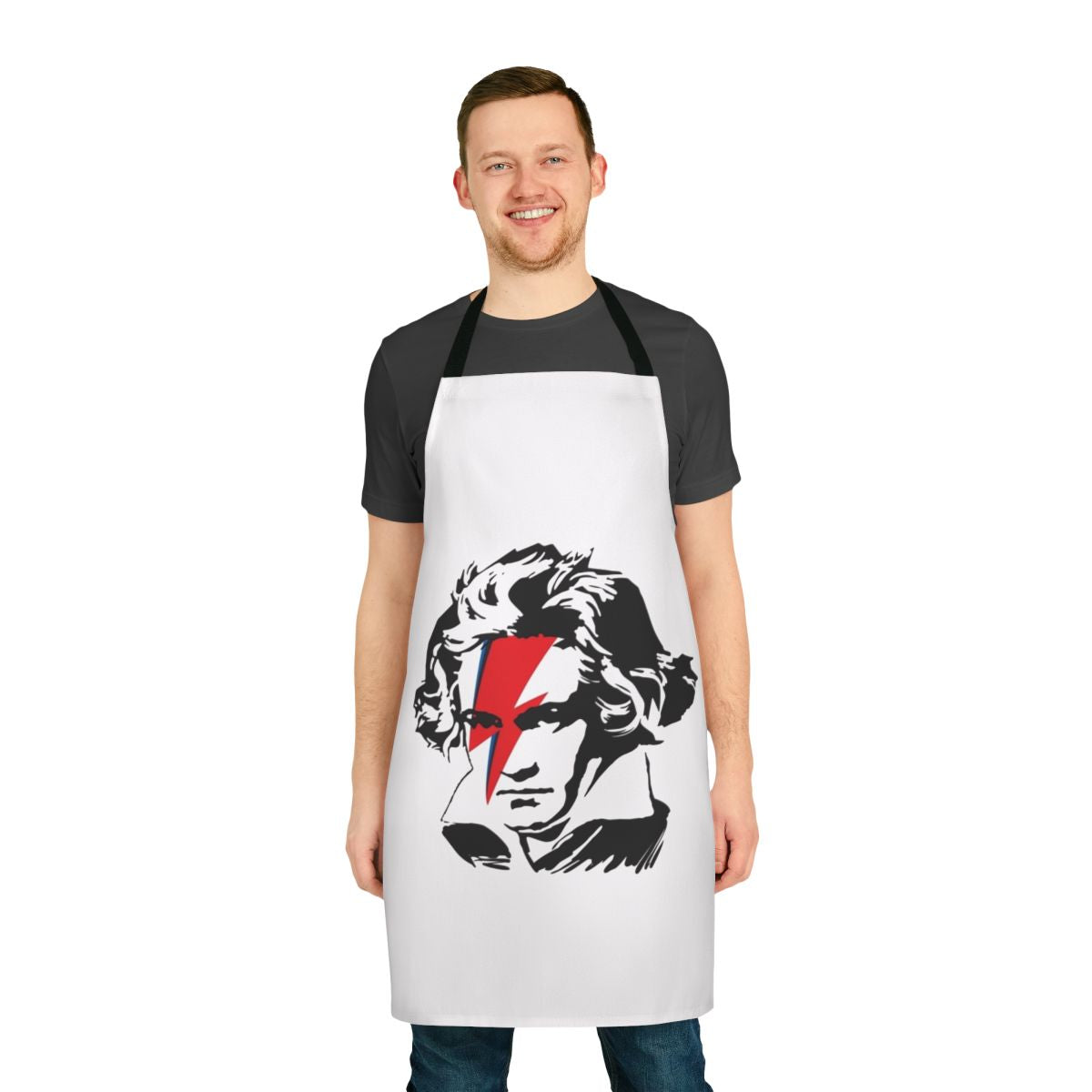 Apron featuring a design inspired by Beethoven and Ziggy Stardust music legends