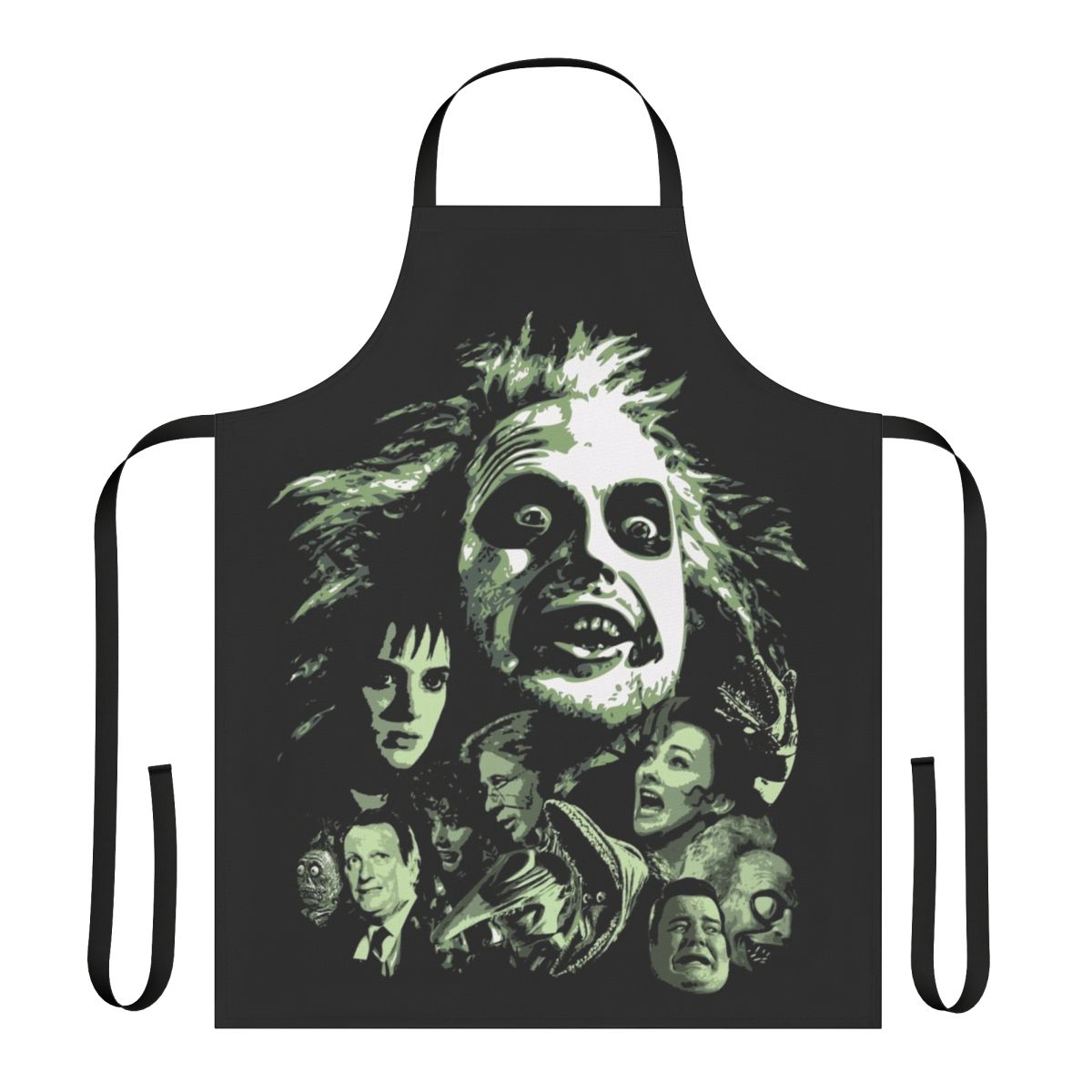 Beetlejuice-themed apron with iconic movie graphics and characters