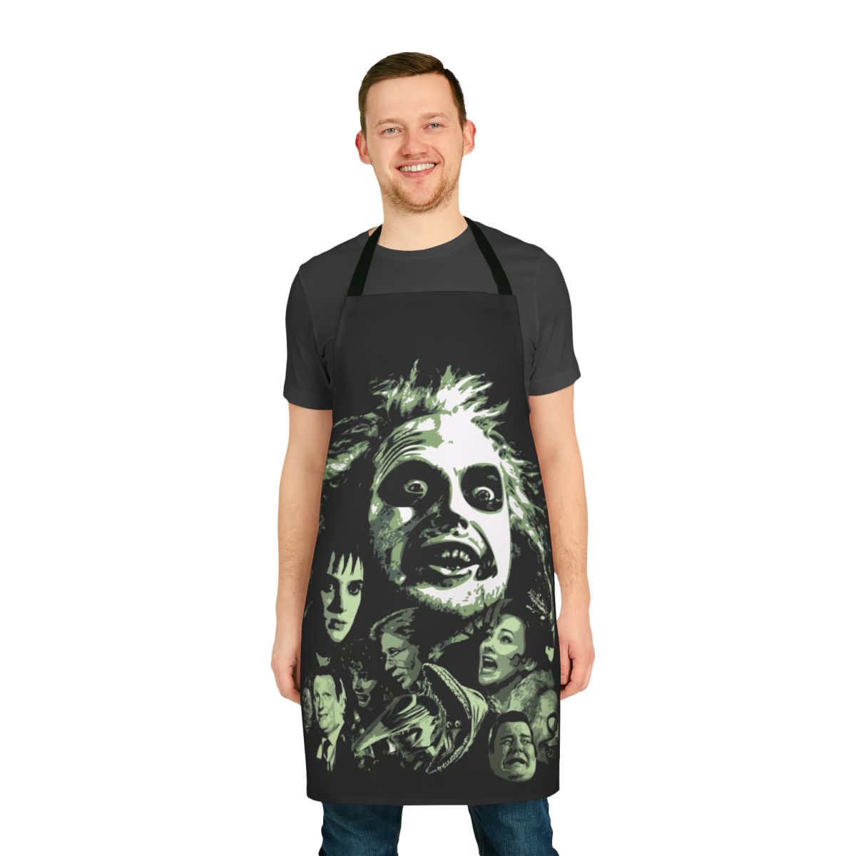 Beetlejuice-themed apron with iconic movie graphics and characters