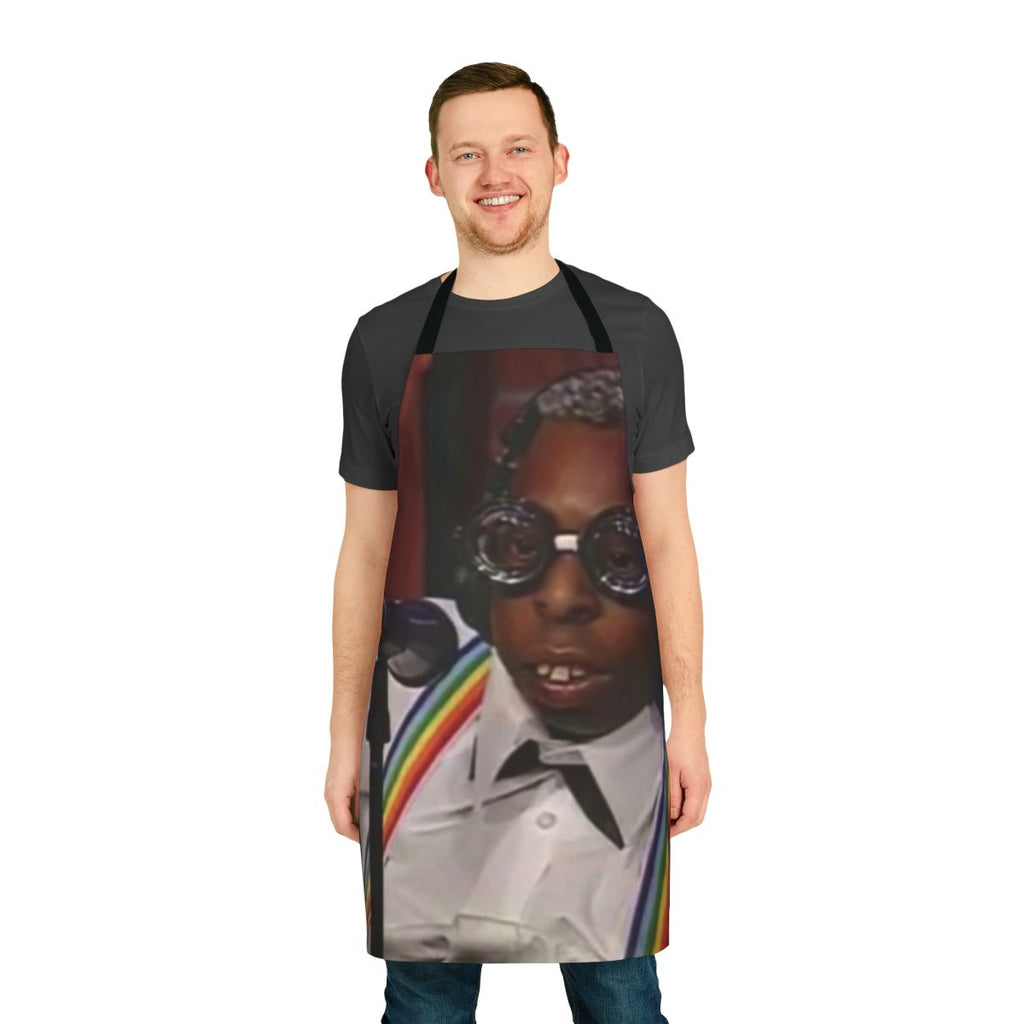 A green apron with a Beetlejuice-inspired design, perfect for fans of the classic movie.
