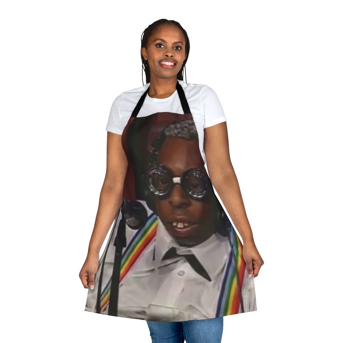A green apron with a Beetlejuice-inspired design, perfect for fans of the classic movie.