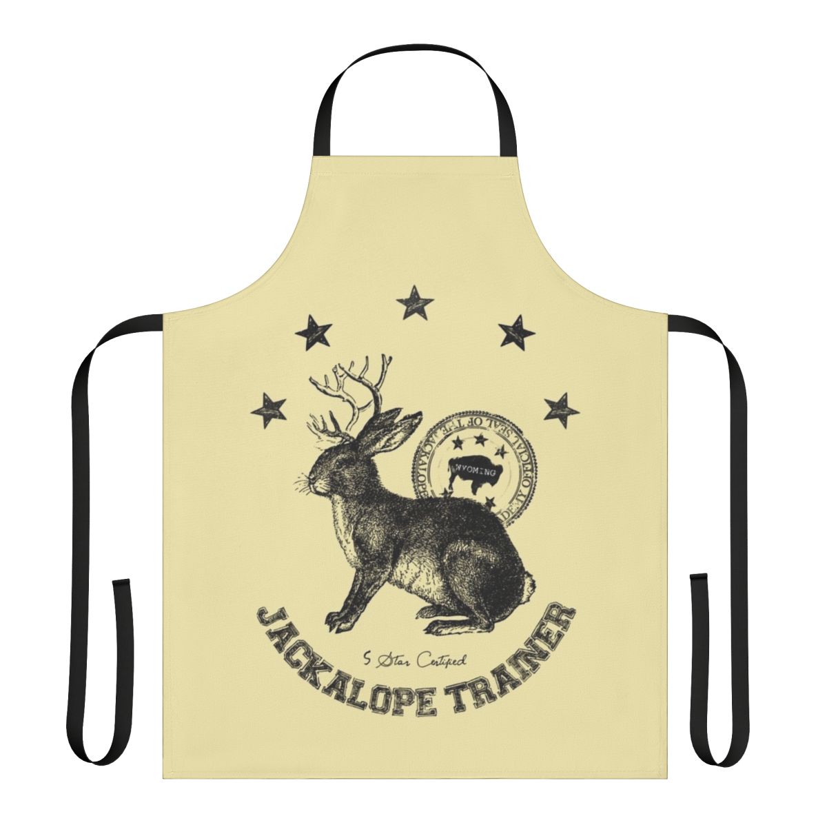 Beige apron with a whimsical jackalope illustration, perfect for animal trainers and veterinary staff.